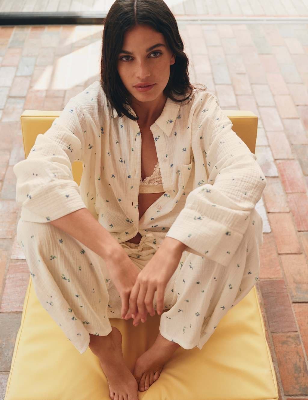 Marks & Spencer M&S Pure Cotton Muslin Printed Pyjama Top Yellow Mix