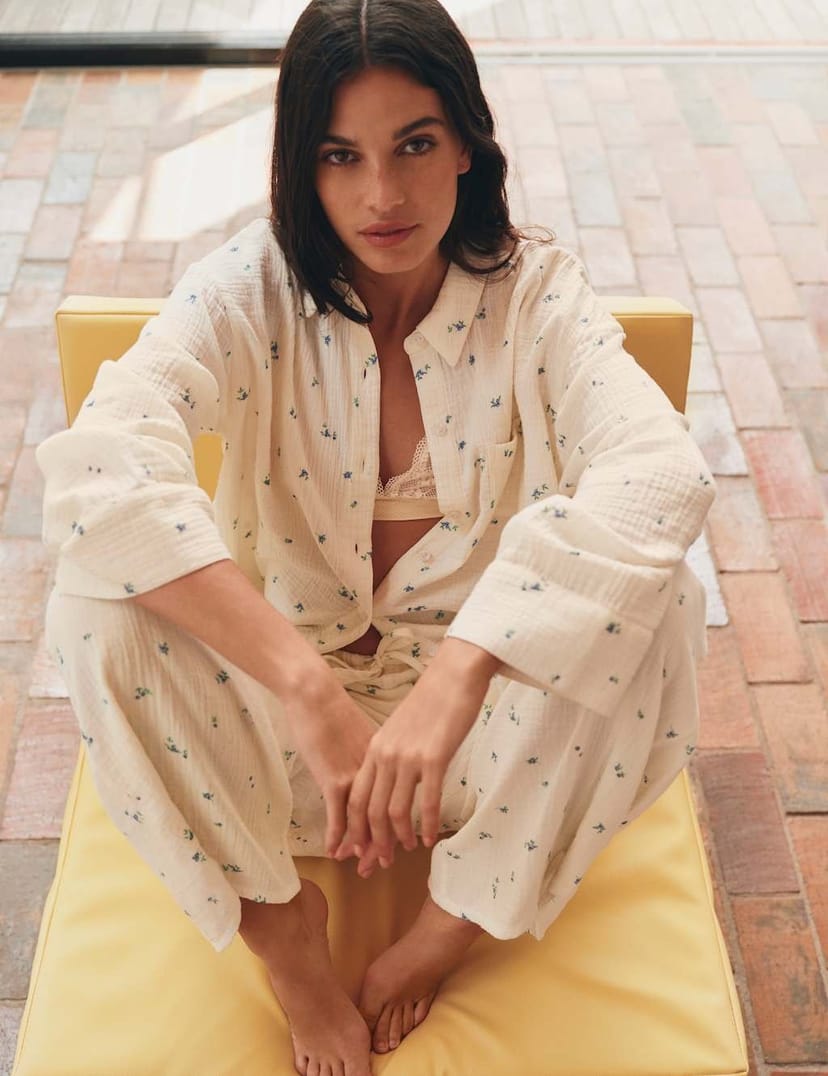 Marks & Spencer M&S Pure Cotton Muslin Printed Pyjama Top Yellow Mix - 1
