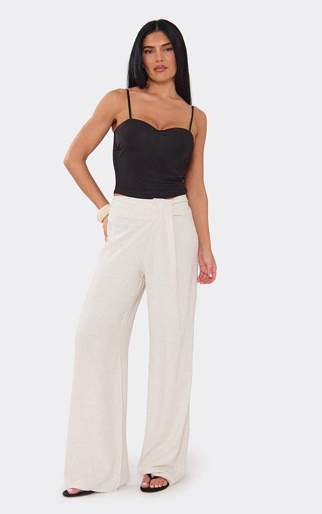 EGO Mid Rise Drape Front Wide Leg Trousers In Beige Linen Look, Women's Size UK 6 - 2