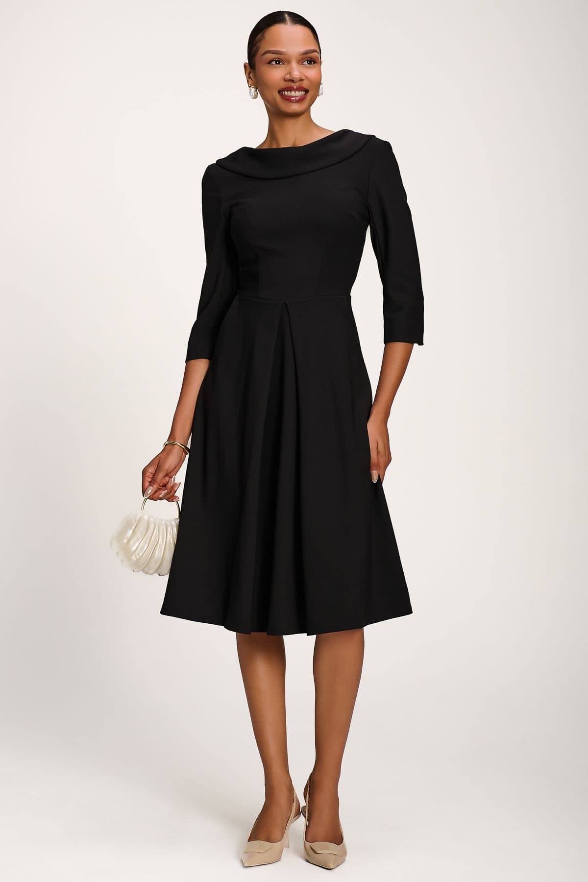 Jolie Moi Jolie Moi Women's Roll Neck ¾ Sleeve Midi Dress in Black