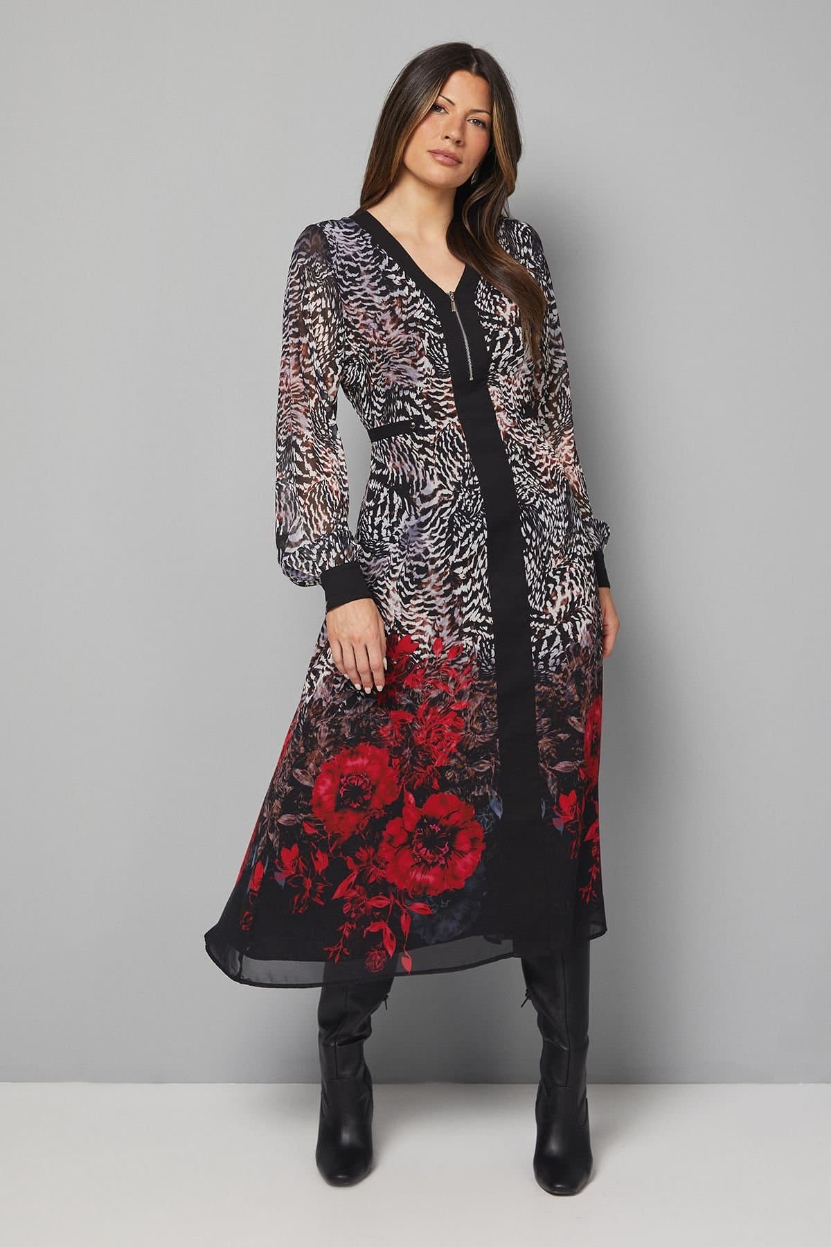 Wallis Wallis Women's Animal Ombre Floral Zip Midi Dress in Black