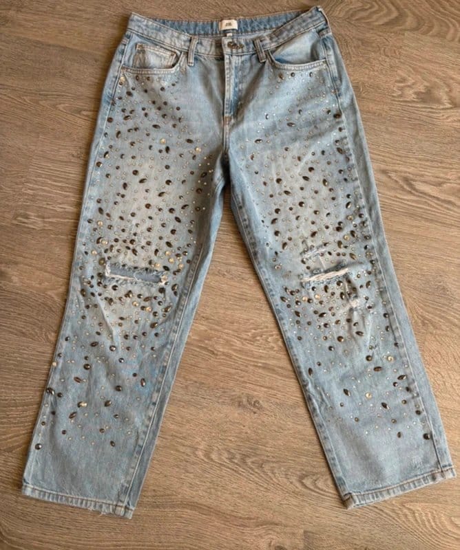 River Island Light Wash Blue Denim Studded Wide Leg Jeans UK 12