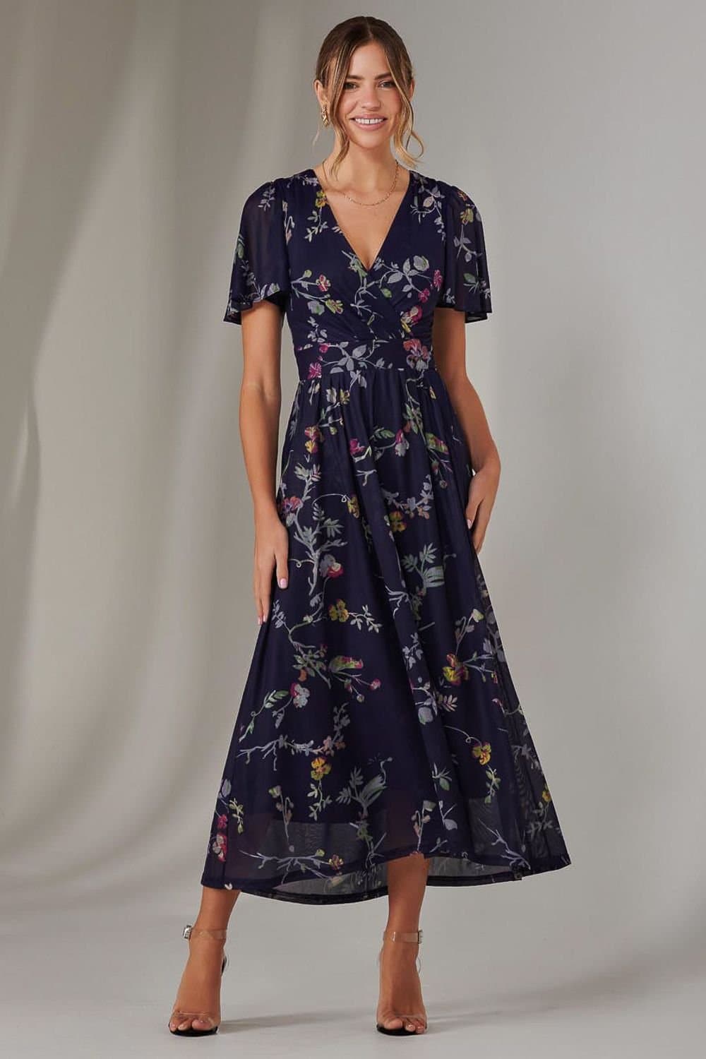 Jolie Moi Jolie Moi Women's Mesh Short Sleeve Midaxi Dress in Dark Navy