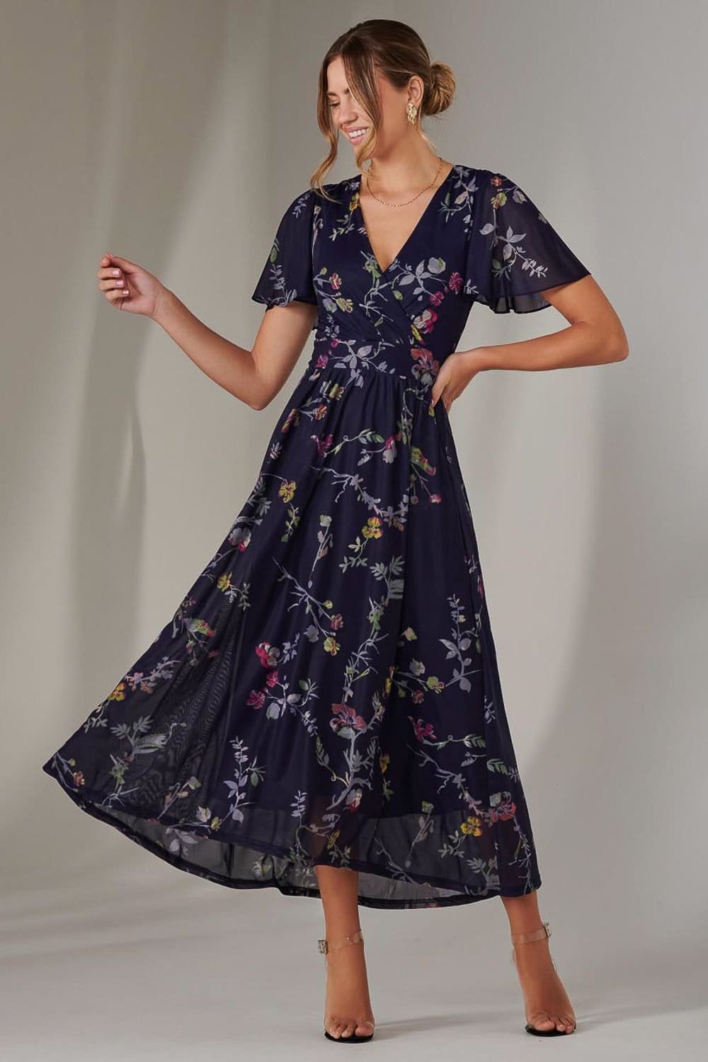 Jolie Moi Jolie Moi Women's Mesh Short Sleeve Midaxi Dress in Dark Navy - 4