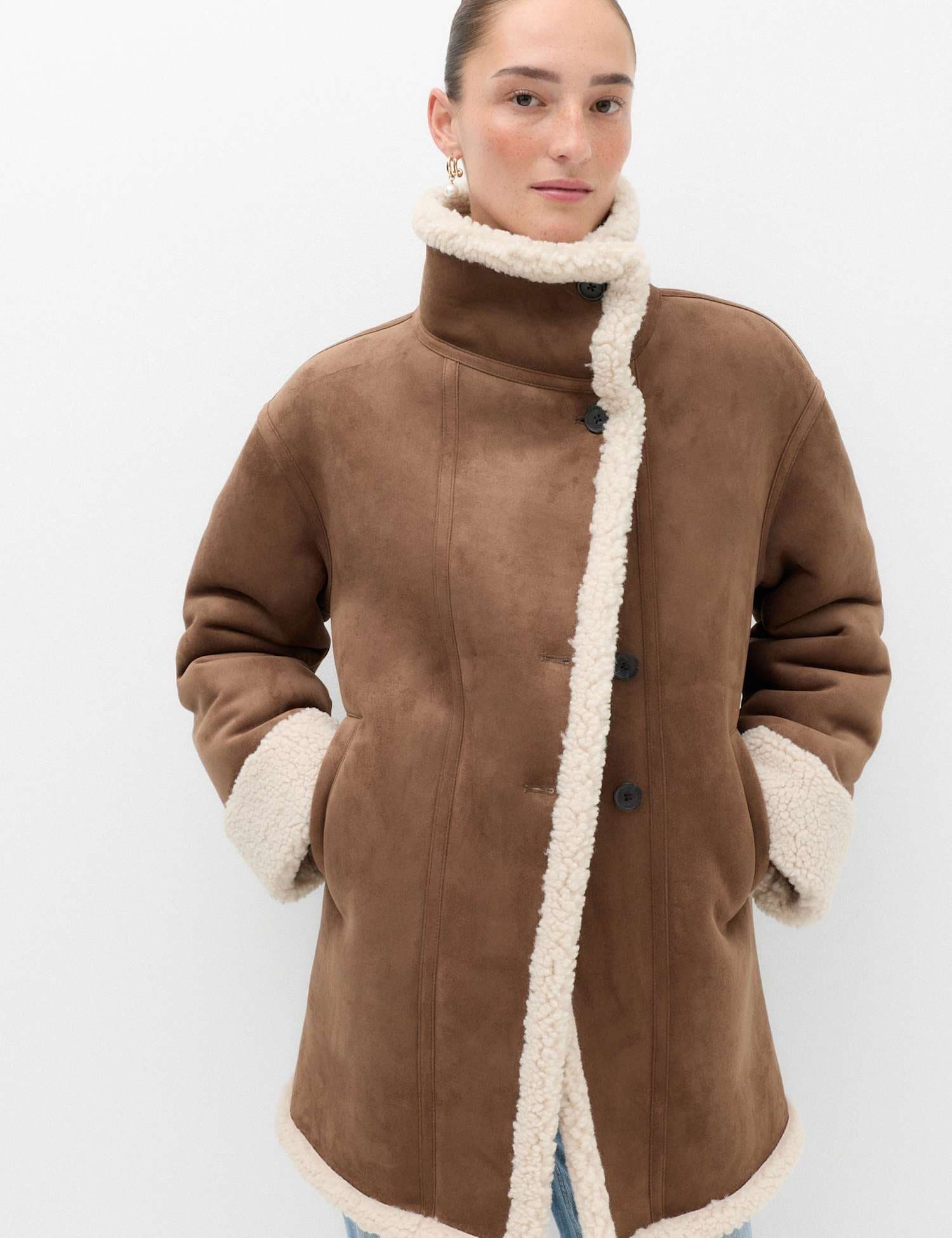 Marks & Spencer M&S Suedette Shearling Funnel Neck Coat Brown