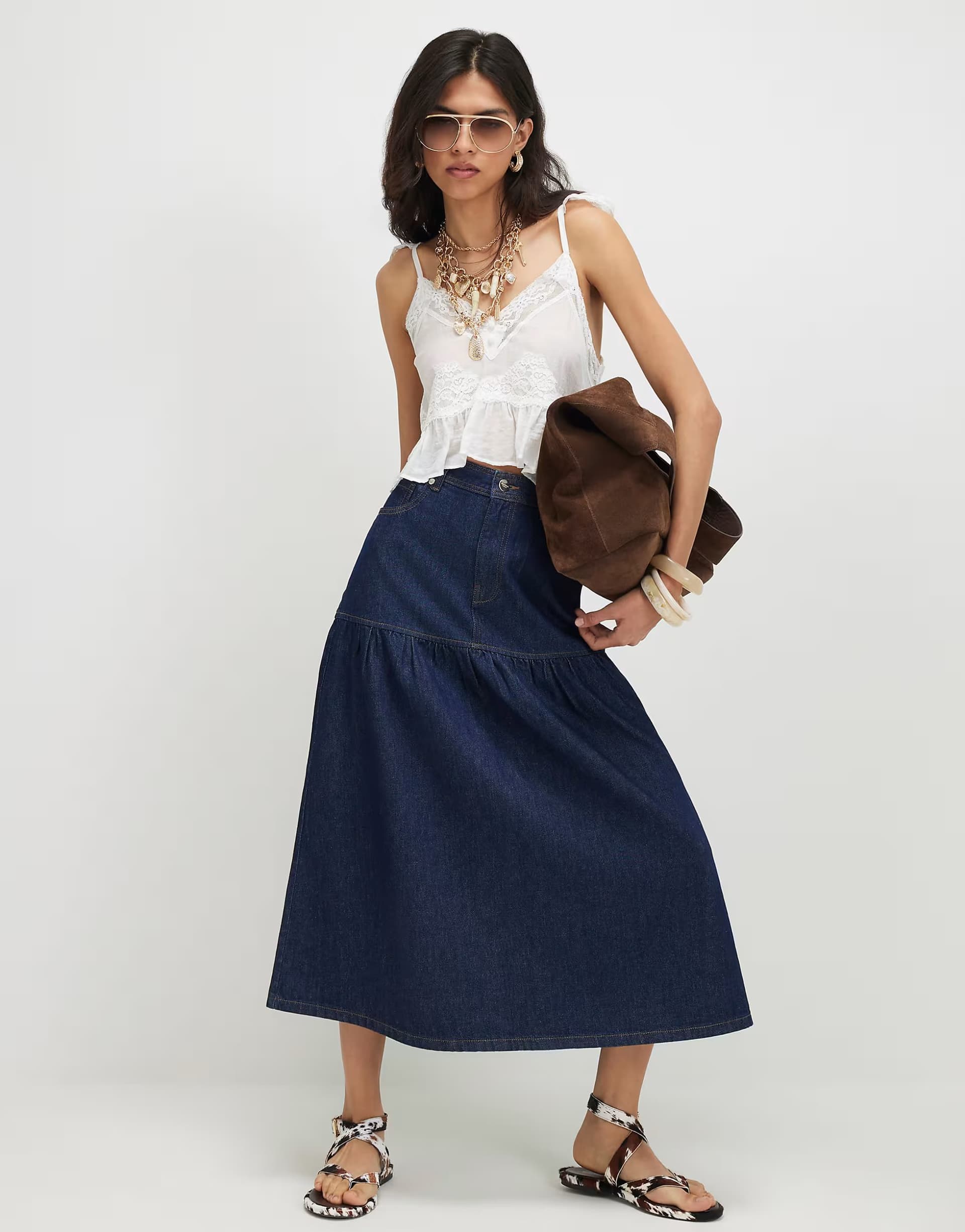 ASOS River Island Dark Denim Panelled Midi Skirt