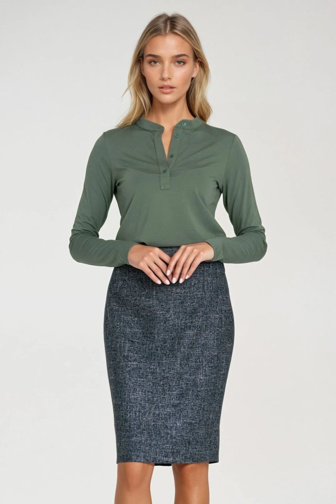 Love Lace Love Lace Women's Elastic Spandex Fitted Polo Neck Blouse in Green