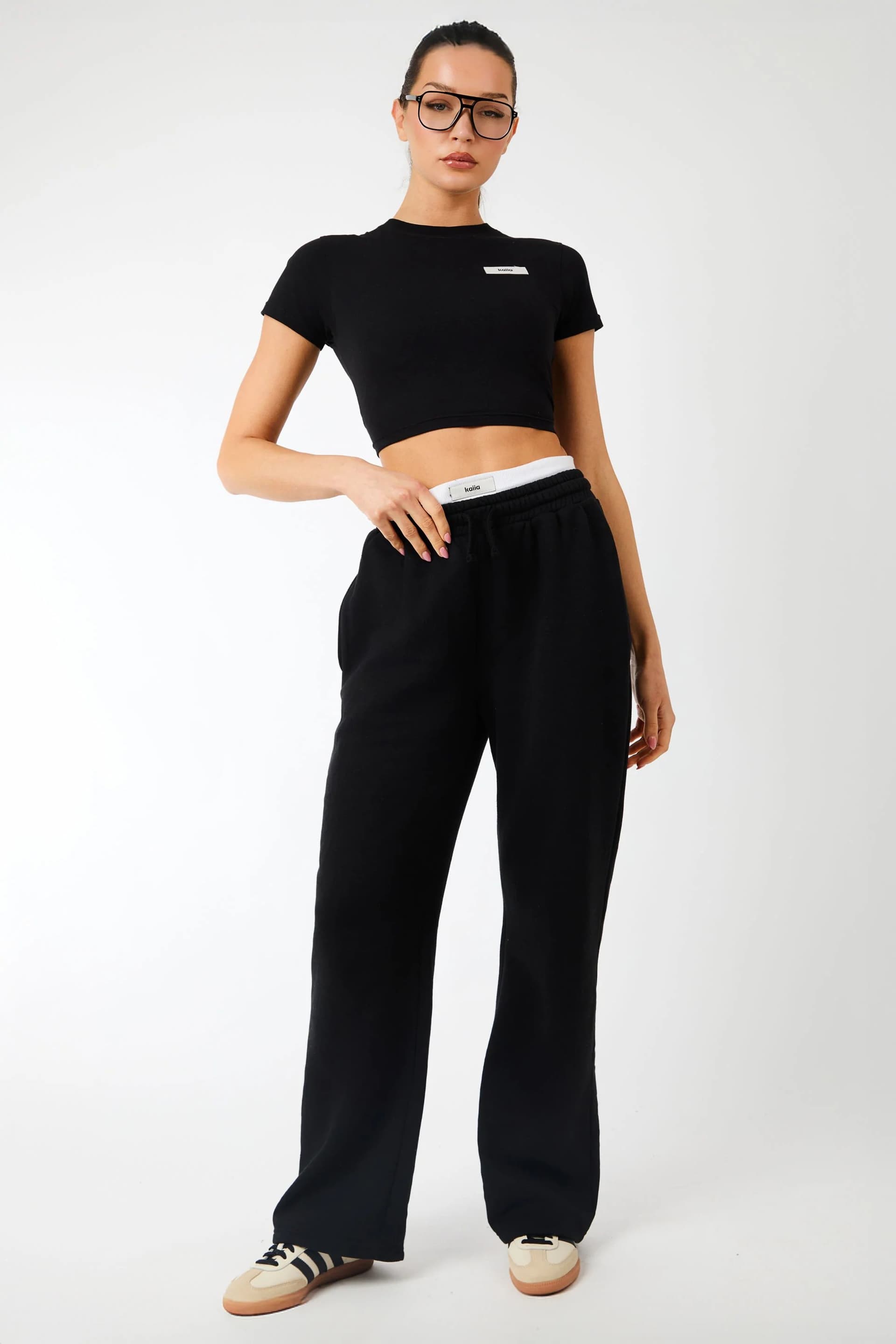 Kaiia Kaiia Label Logo Exposed Waistband Wide Leg Joggers Black
