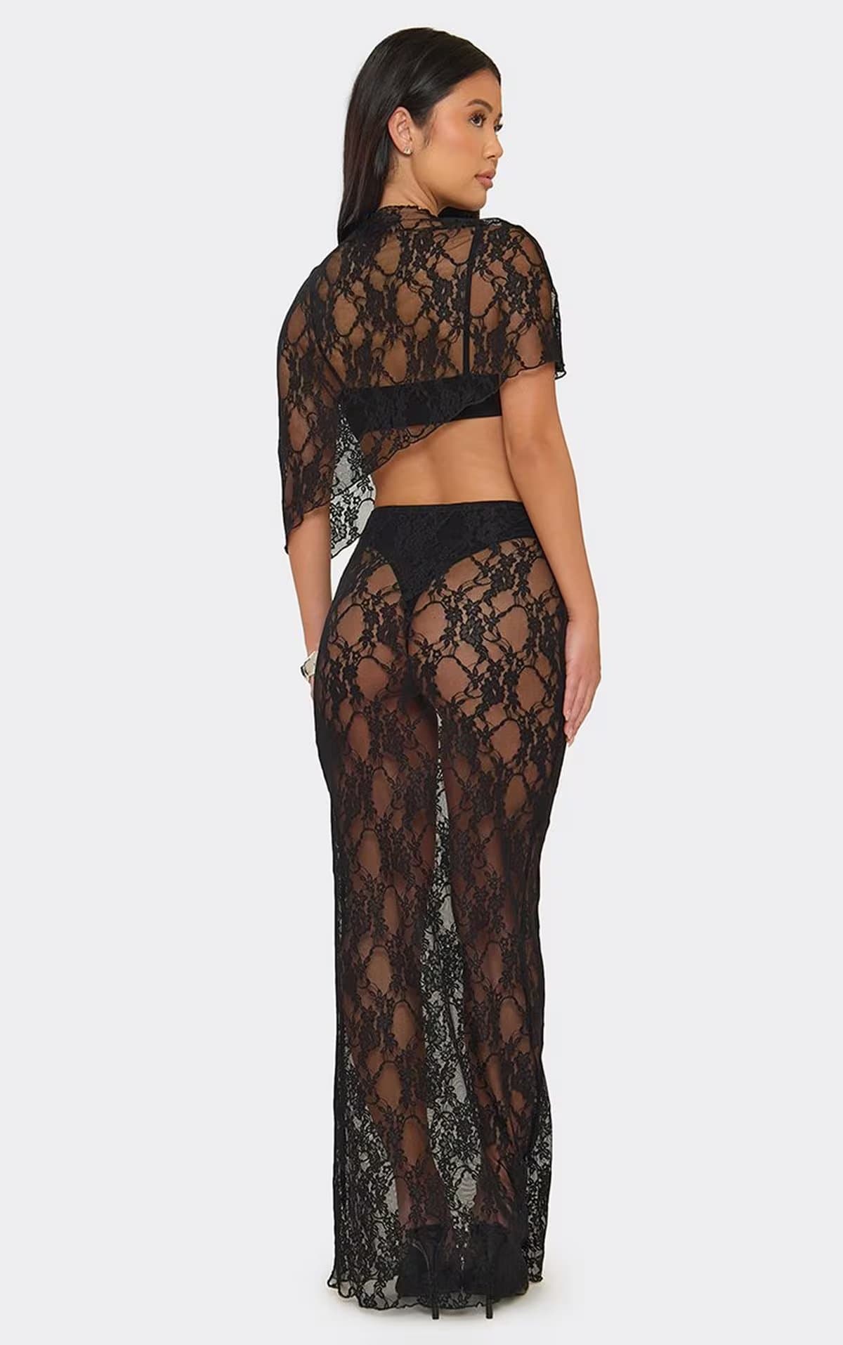 EGO Mid Rise Short Insert Maxi Skirt In Black Lace, Women's Size UK 6