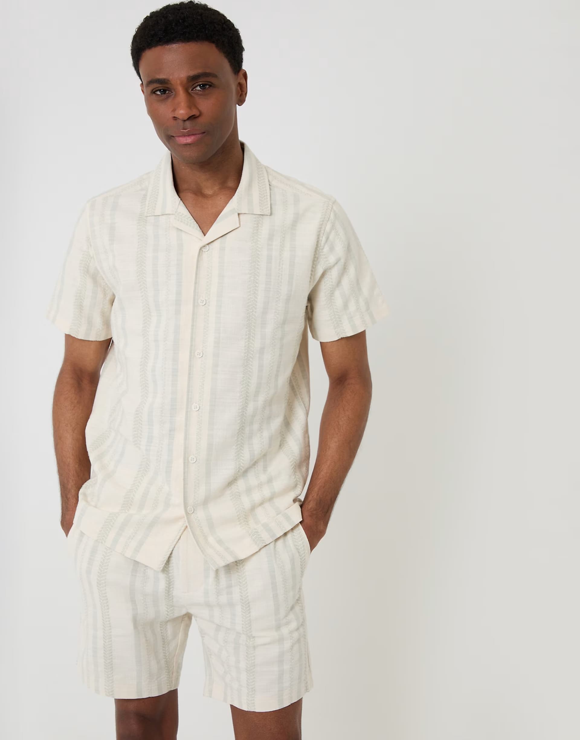 ASOS Threadbare Chevron stripe cotton short sleeve shirt in pale green