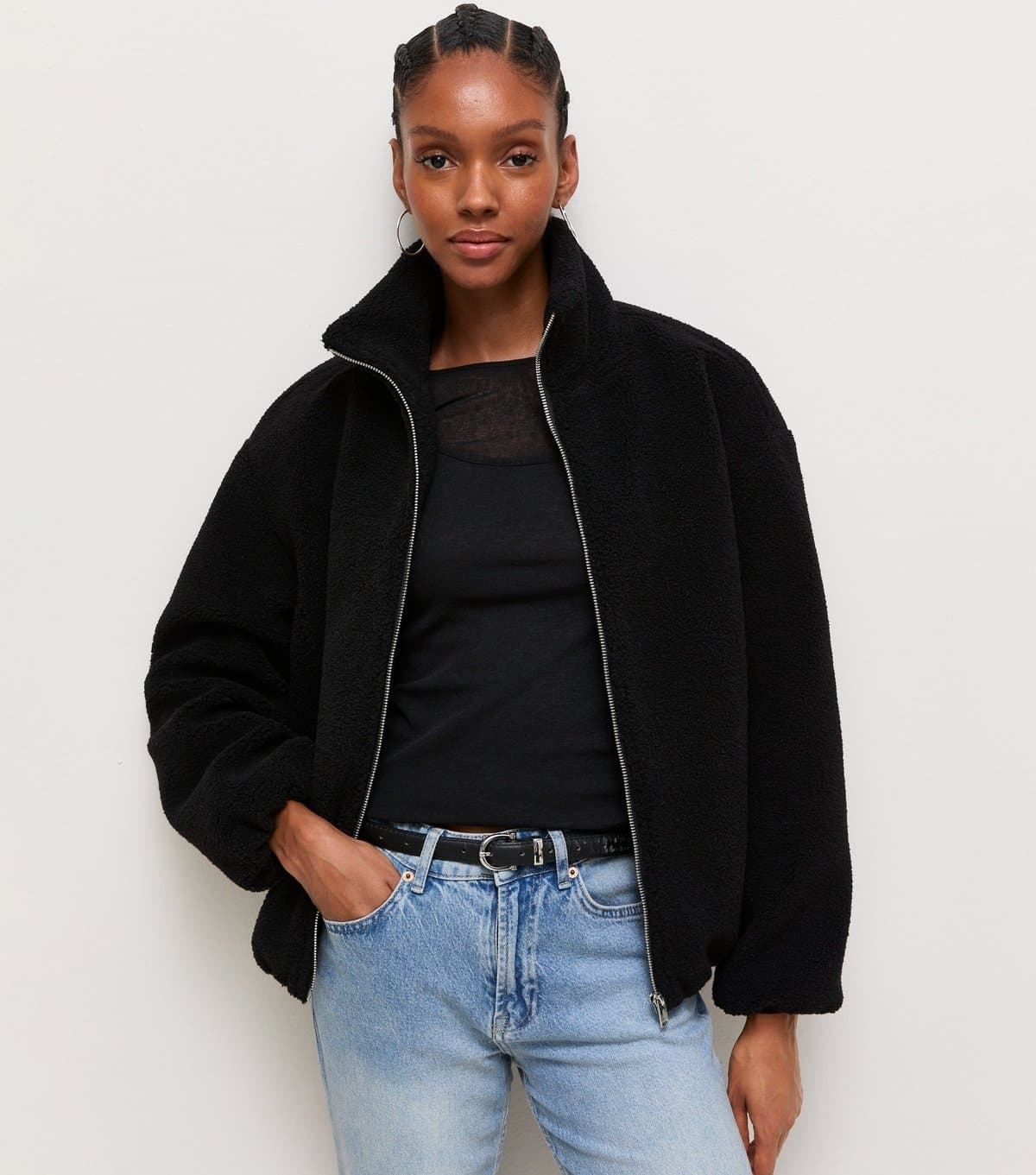 New Look Women's Black Borg Texture Zip Front Jacket New Look