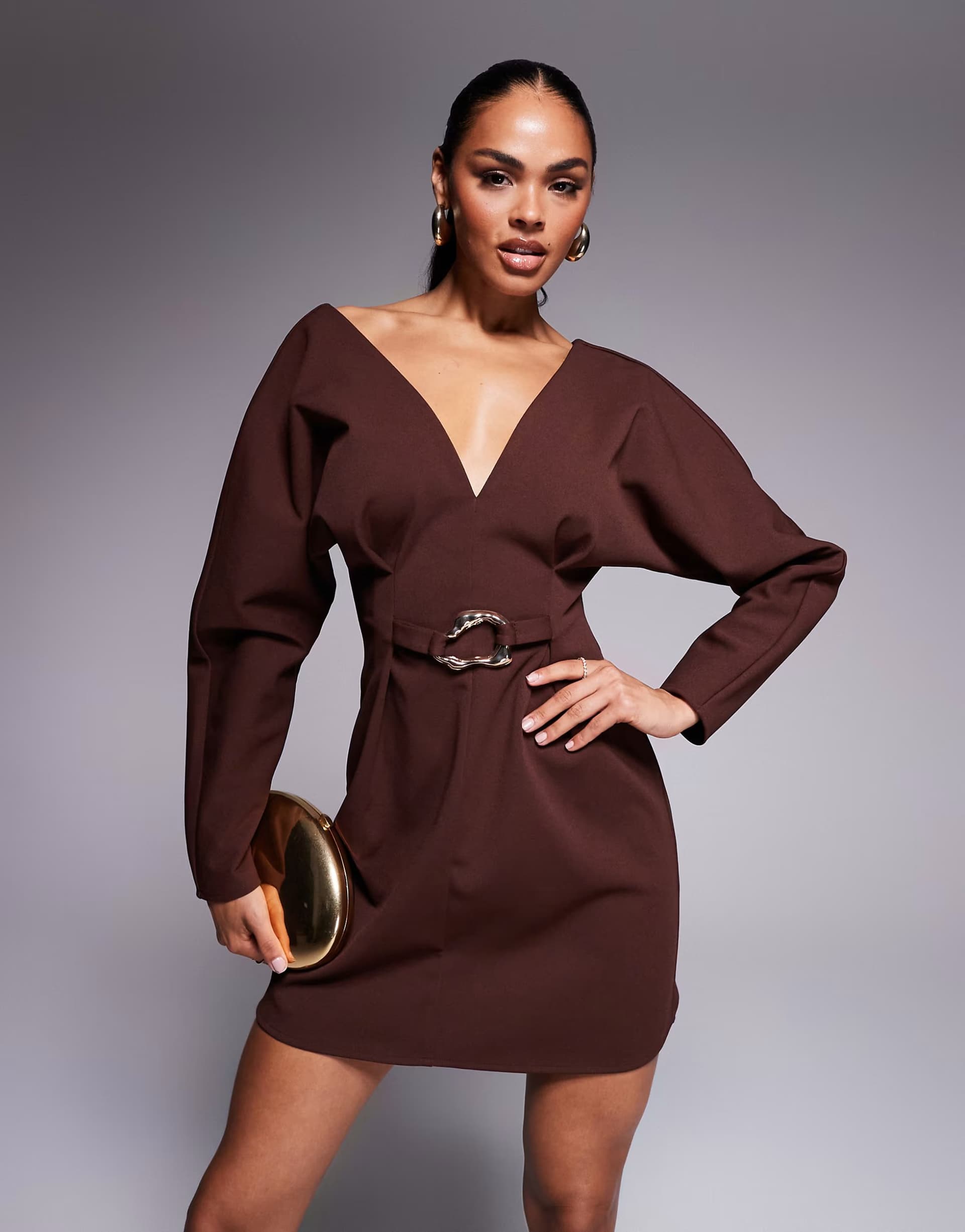 ASOS ASOS DESIGN cocoon sleeve mini dress with hardware in chocolate