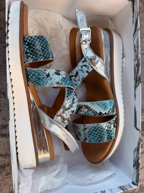 Moda In Pelle Blue Leather snakeskin design Moda in pelle low wedge sandals. Size 3