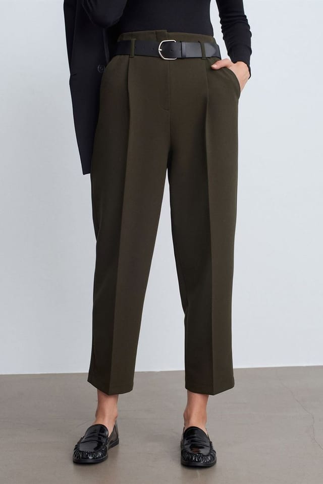 Dilvin Dilvin Women's High-Waist Straight-Leg Crepe Trousers With Belt in Dark Olive - 3