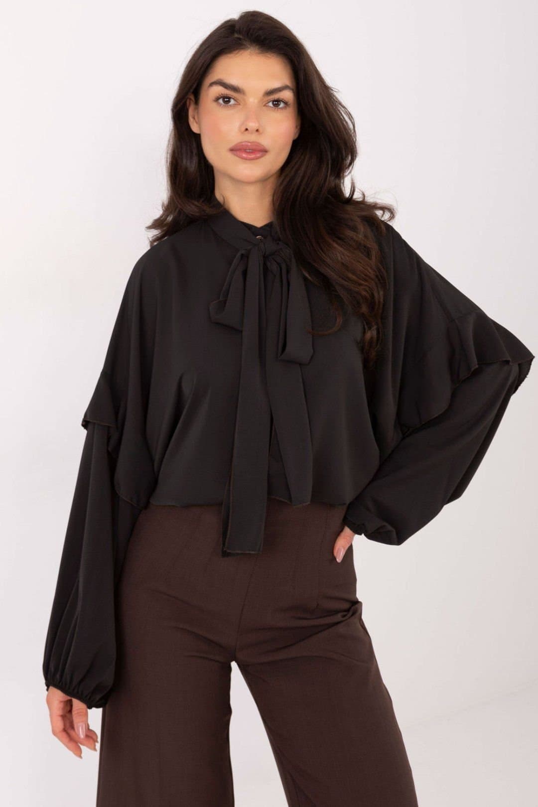Love Lace Love Lace Women's Collarless Long Sleeve Ruffled Tie Shirt in Black