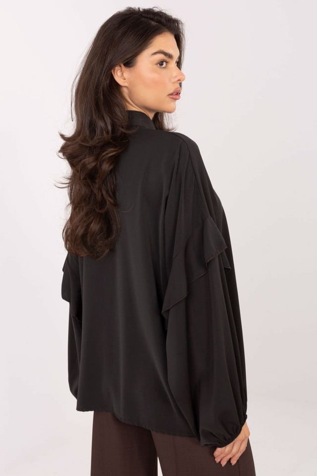 Love Lace Love Lace Women's Collarless Long Sleeve Ruffled Tie Shirt in Black - 3