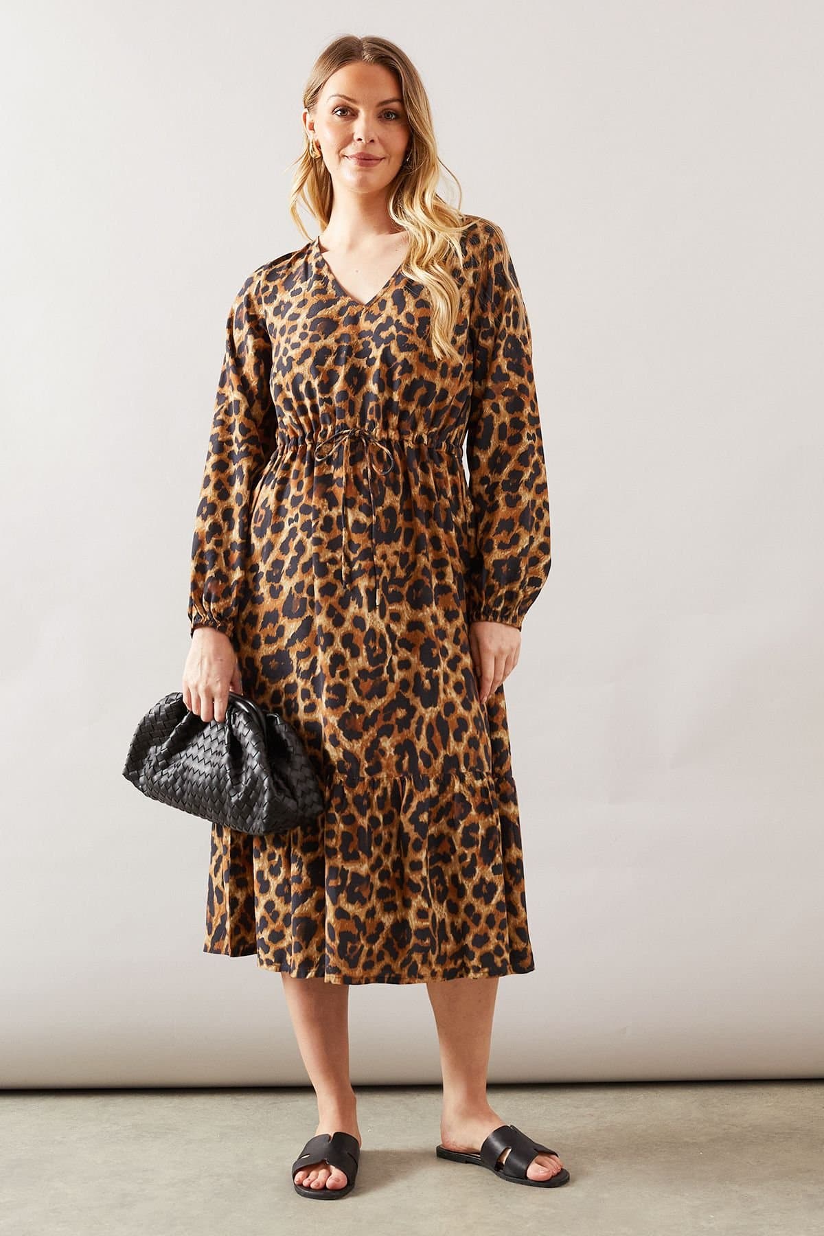 Wallis Wallis Women's Leopard Print Drawstring Viscose Midi Dress in Brown