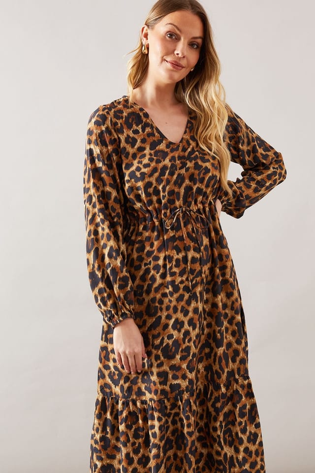 Wallis Wallis Women's Leopard Print Drawstring Viscose Midi Dress in Brown - 2