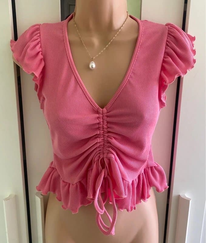 New Look Ladies New Look Pink Ribbed Ruffle Sleeve Ruched Top Size 12