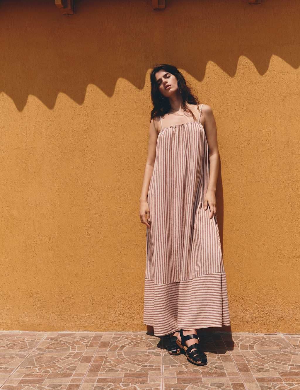 Marks & Spencer M&S Linen Rich Striped Maxi Slip Dress Brown Mix