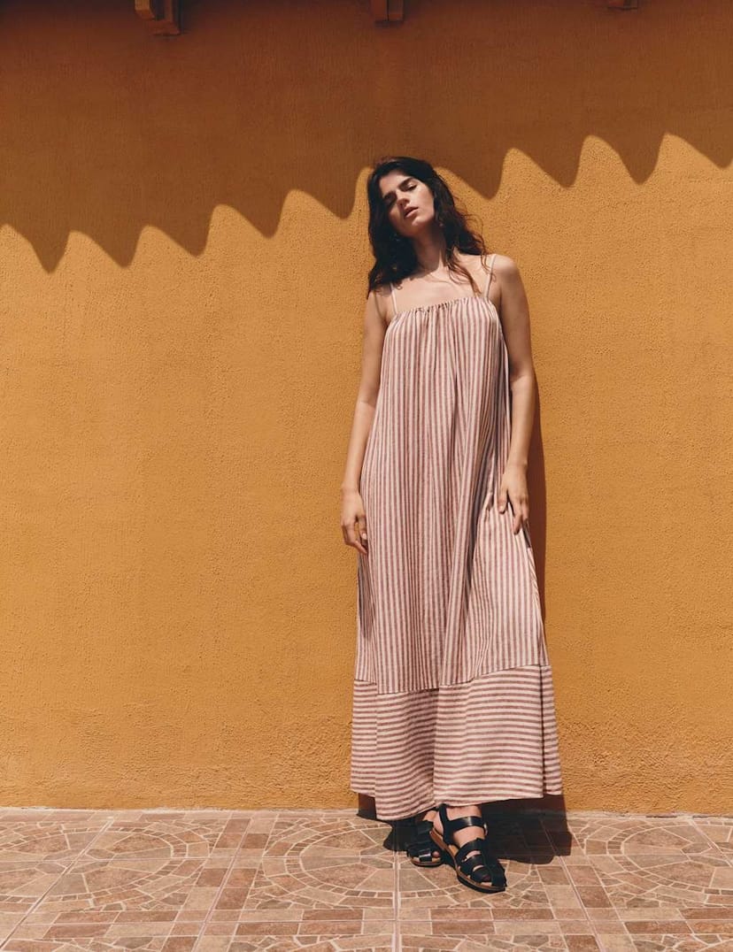 Marks & Spencer M&S Linen Rich Striped Maxi Slip Dress Brown Mix - 1