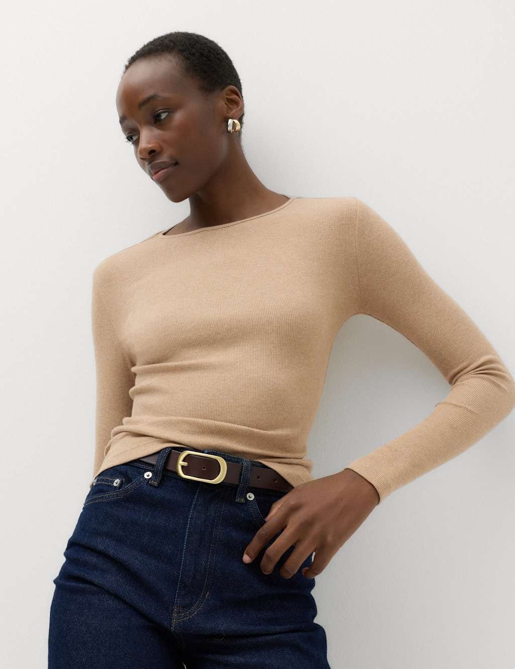 Marks & Spencer M&S Cotton Rich Ribbed Regular Fit Top Natural Mix - 1