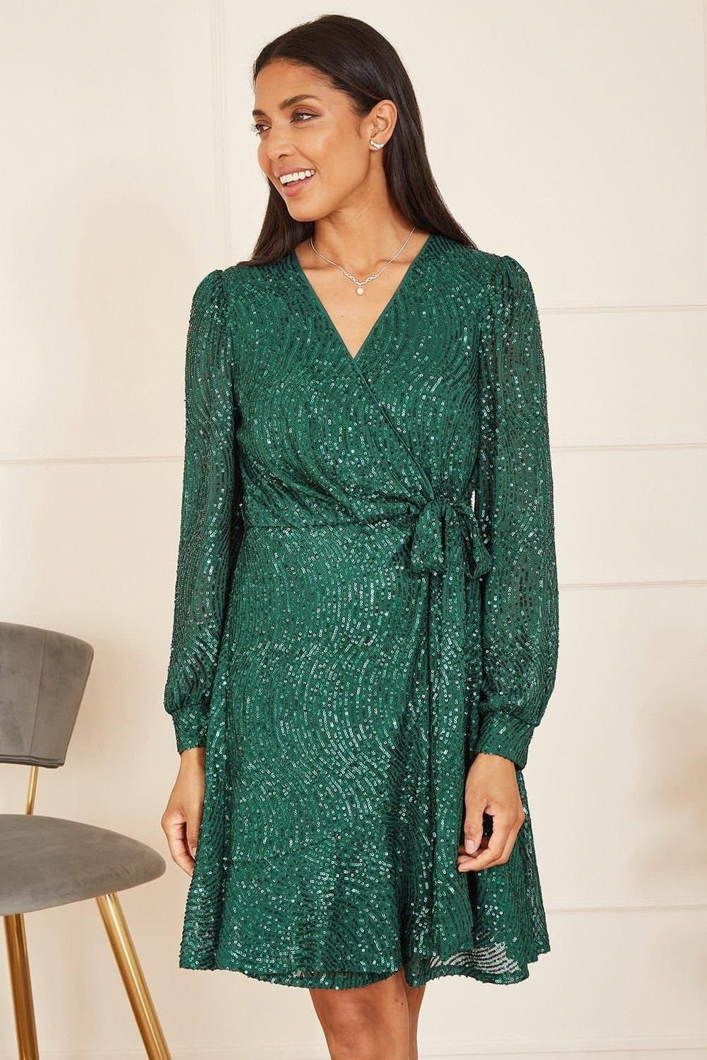Mela Mela Women's Green Sequin Long Sleeve Frill Wrap Dress