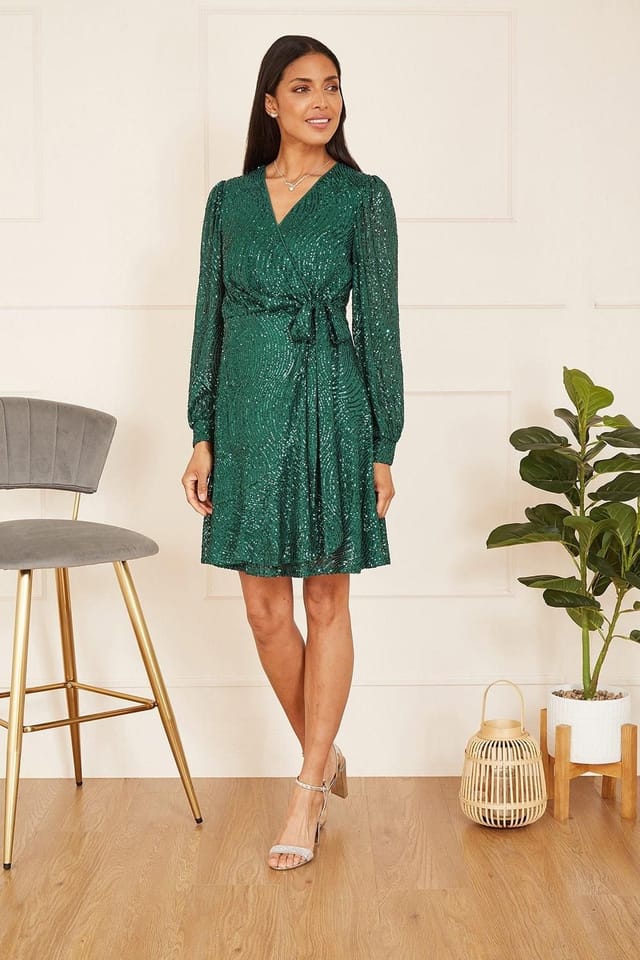 Mela Mela Women's Green Sequin Long Sleeve Frill Wrap Dress - 3