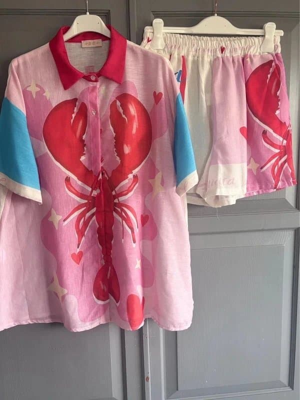 M-Made in Italy Italian beach wear Summer lobster lemon 2 sided printed shirt and shorts women’s co ord