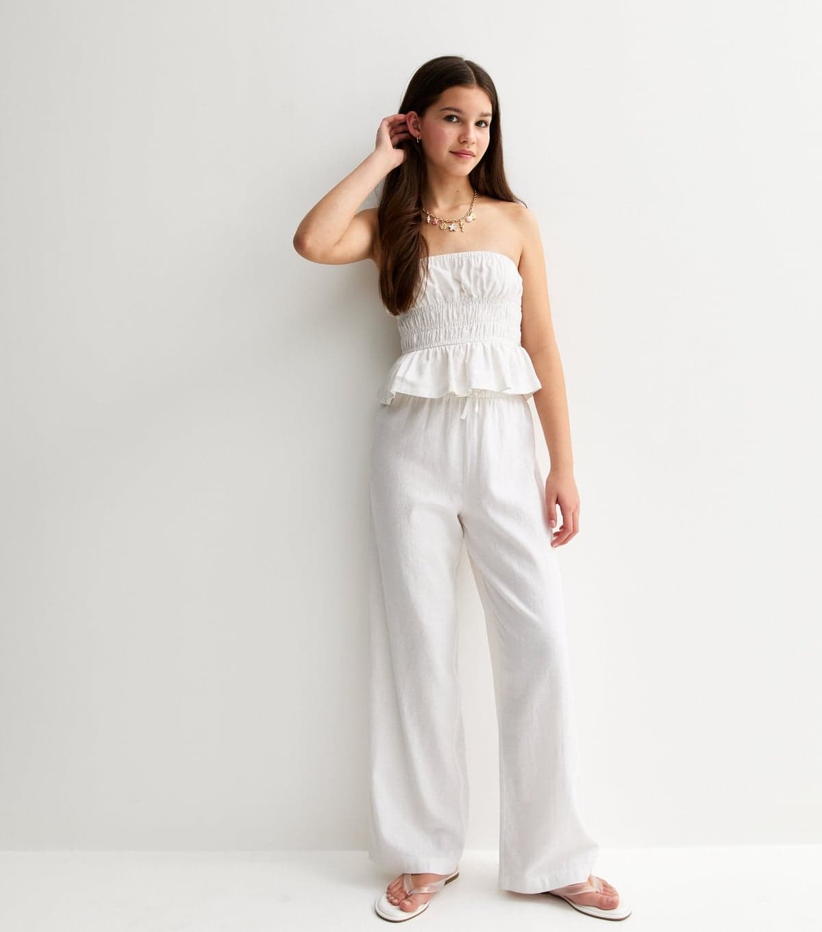 New Look Girls' White Linen Blend Wide Leg Trousers New Look