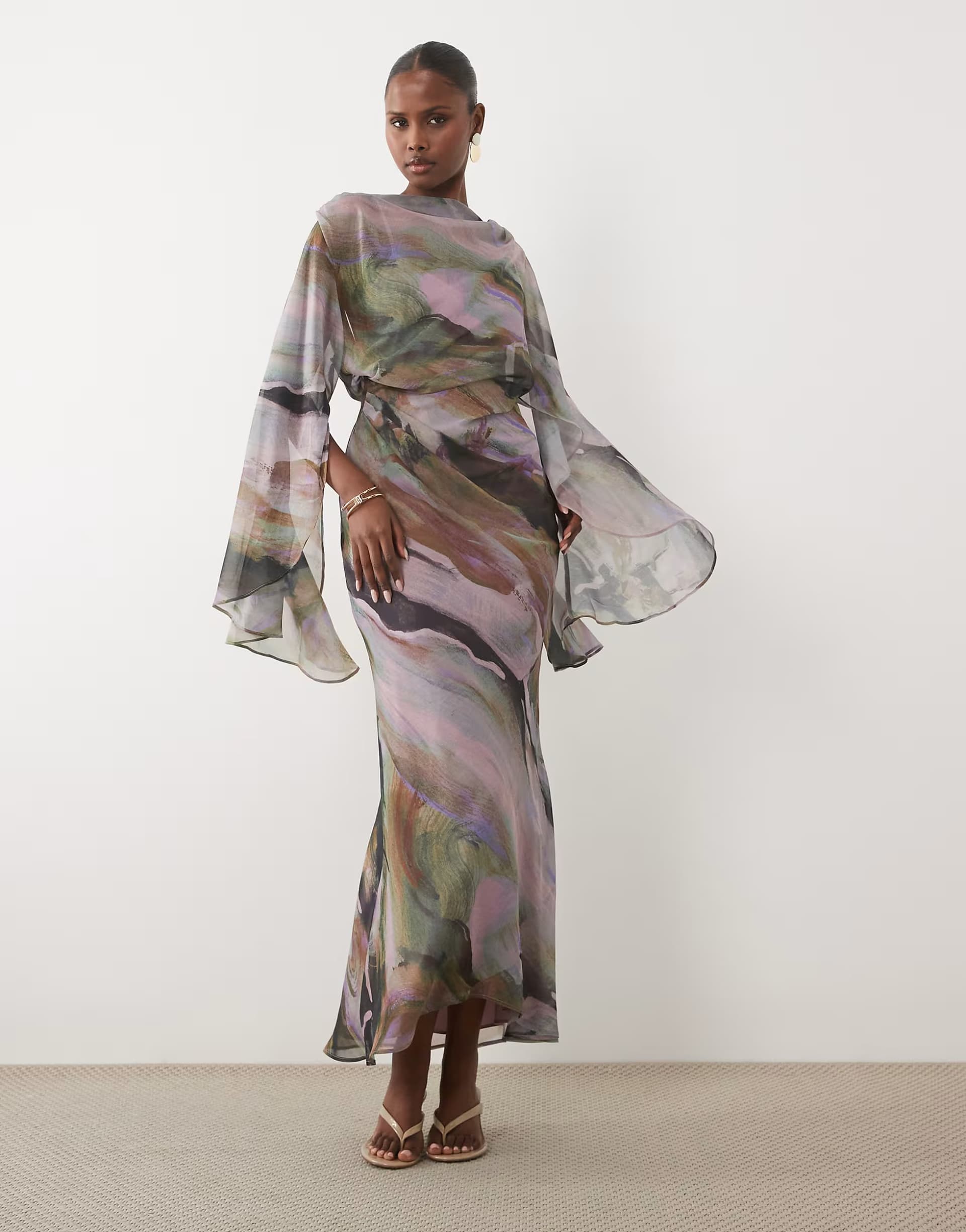 ASOS ASOS DESIGN kimono sleeve cape detail draped midaxi in abstract marble print