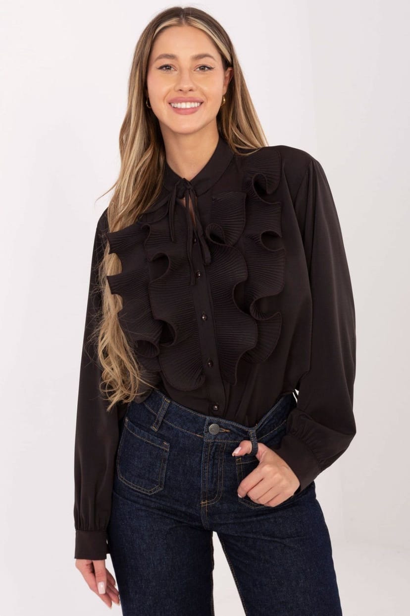 Love Lace Love Lace Women's Elegant Long Sleeve Jabot Tie Neck Shirt in Brown - 1