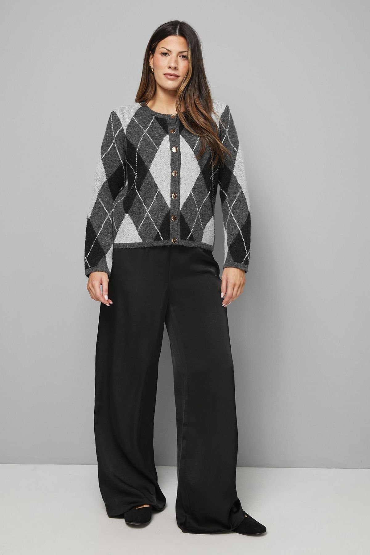 Wallis Wallis Grey Argyle Wool Cardigan