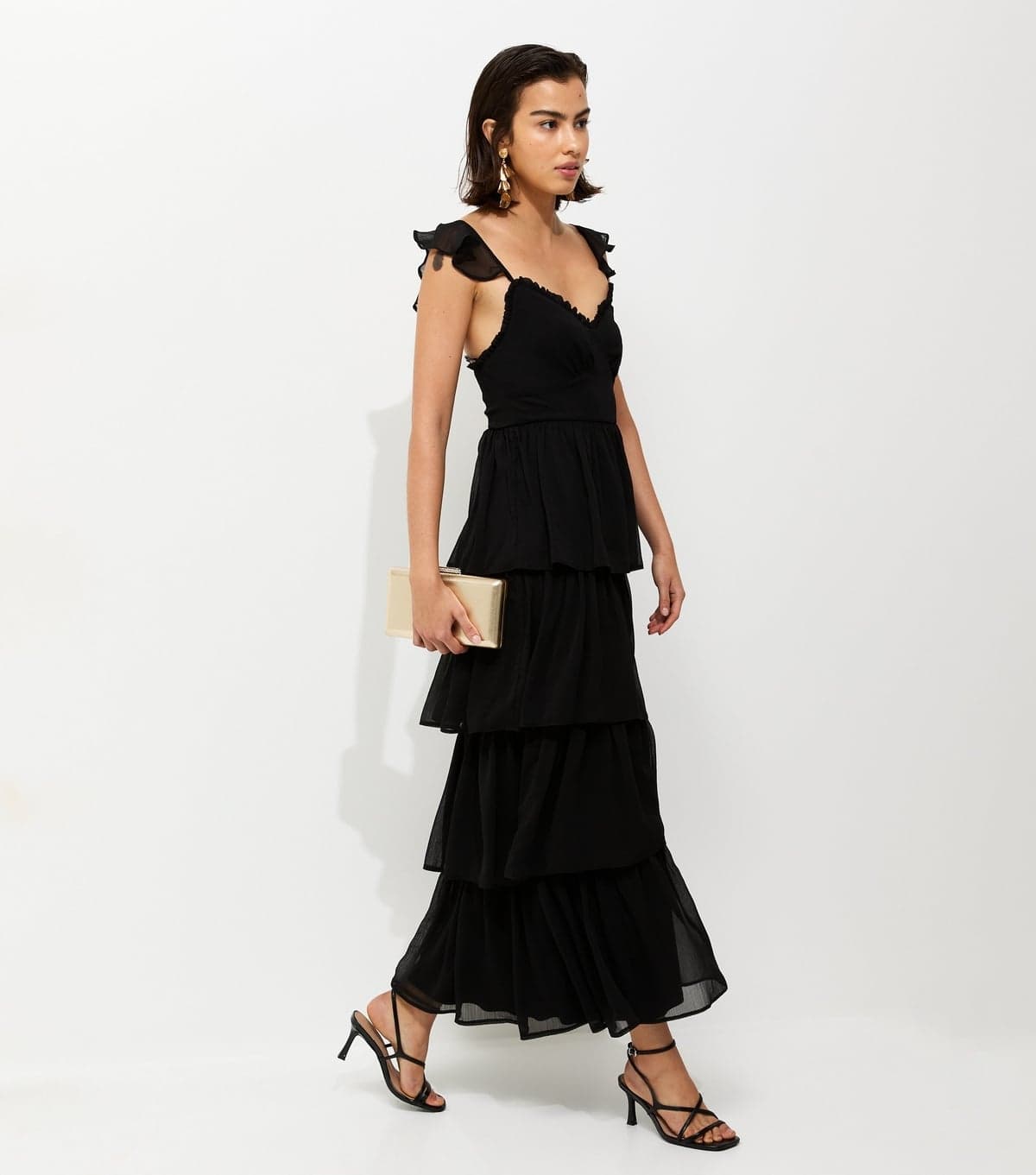 New Look Women's Black Tiered Chiffon Midi Dress New Look