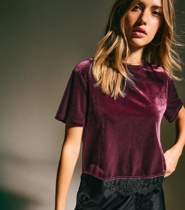 New Look Women's Dark Burgundy Lace Trimmed Velvet Top New Look - 3
