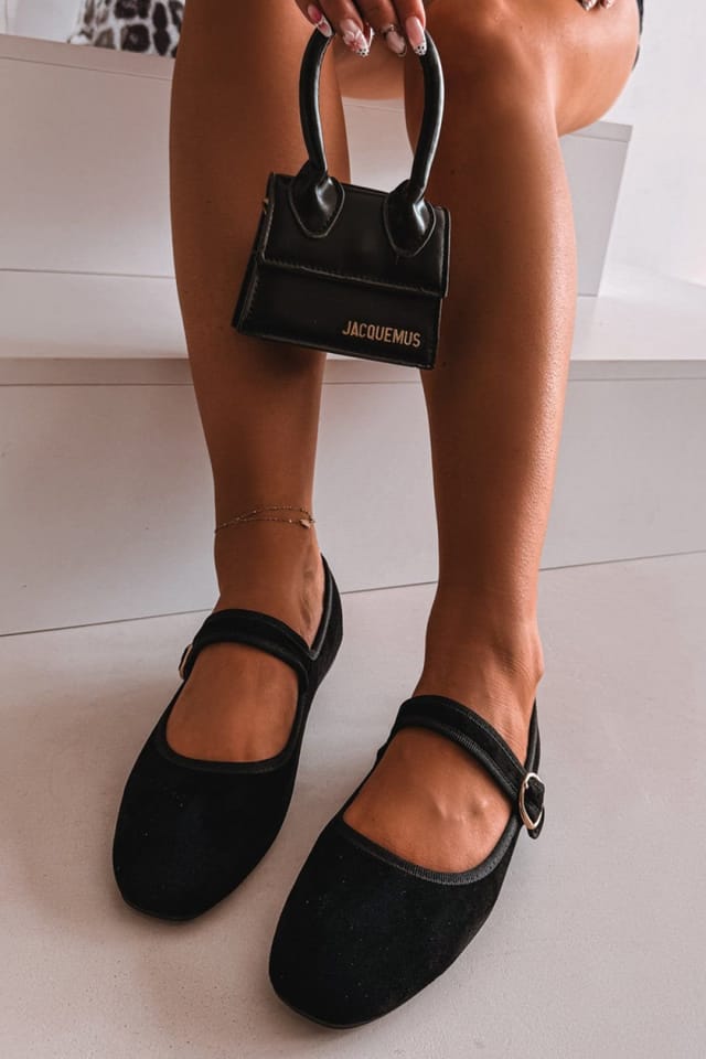 Love Lace Love Lace Women's Faux Suede Ballet Flats With Gold Buckle Strap Comfort All Day in Black - 3