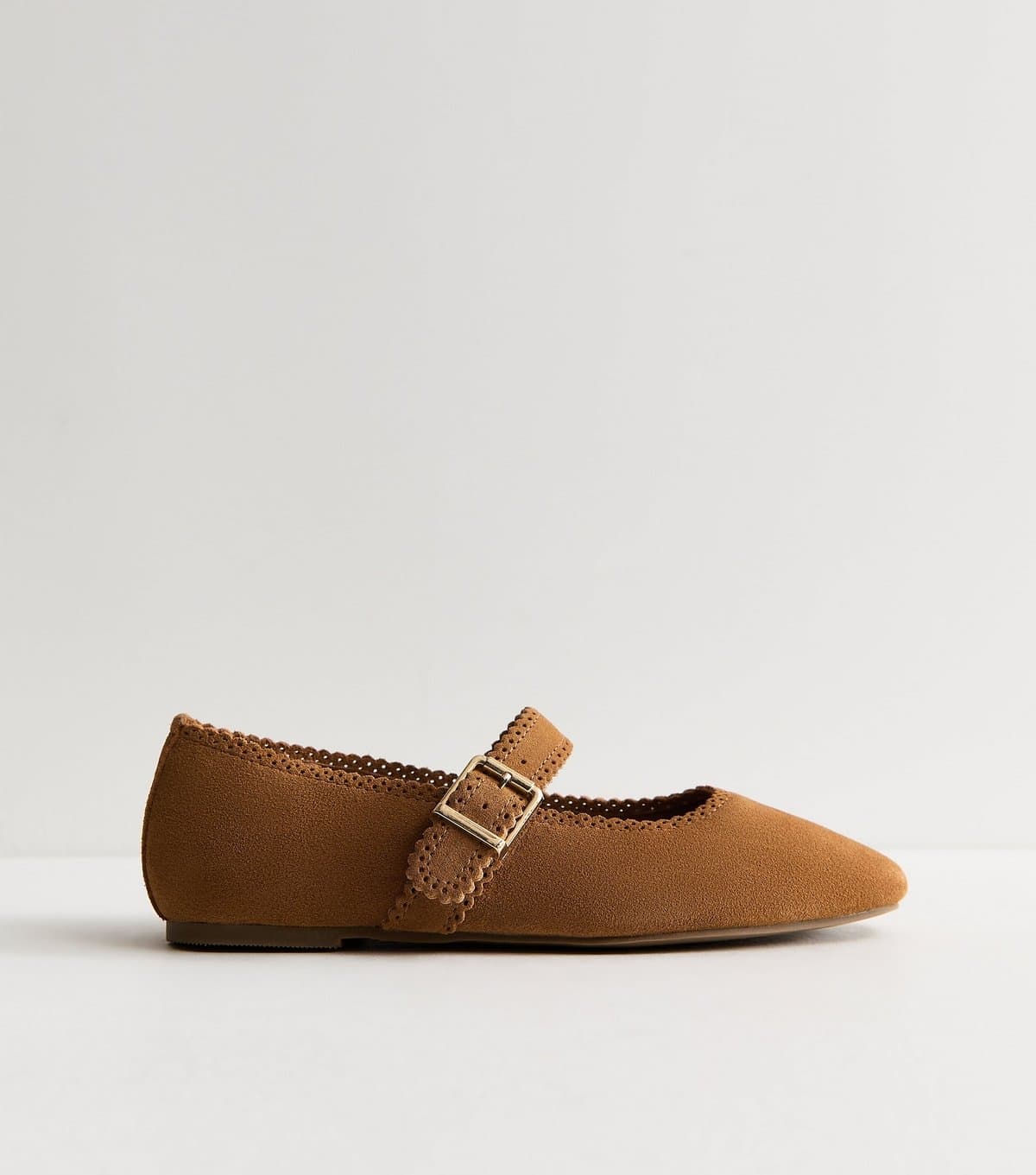 New Look Women's Premium Suede Tan Faux Scallop Edge Mary Jane Flats Vegan New Look