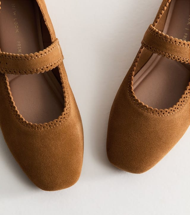 New Look Women's Premium Suede Tan Faux Scallop Edge Mary Jane Flats Vegan New Look - 3