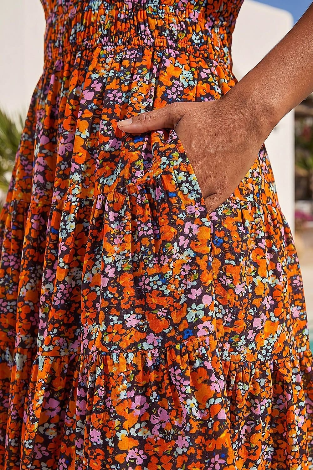 Dusk Dusk Women's Floral Print Shirred Skort Dress in Orange - 4