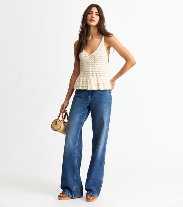 New Look Women's Cream Open Knit V-Neck Peplum Vest New Look - 2