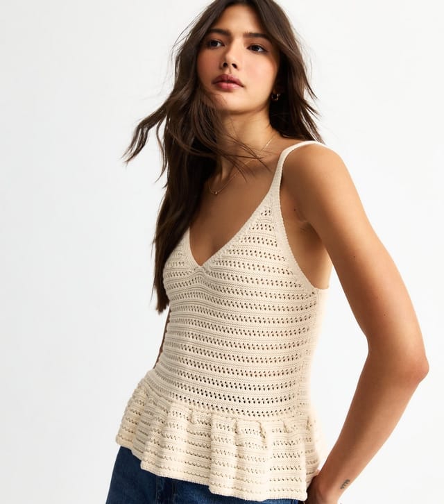 New Look Women's Cream Open Knit V-Neck Peplum Vest New Look - 3