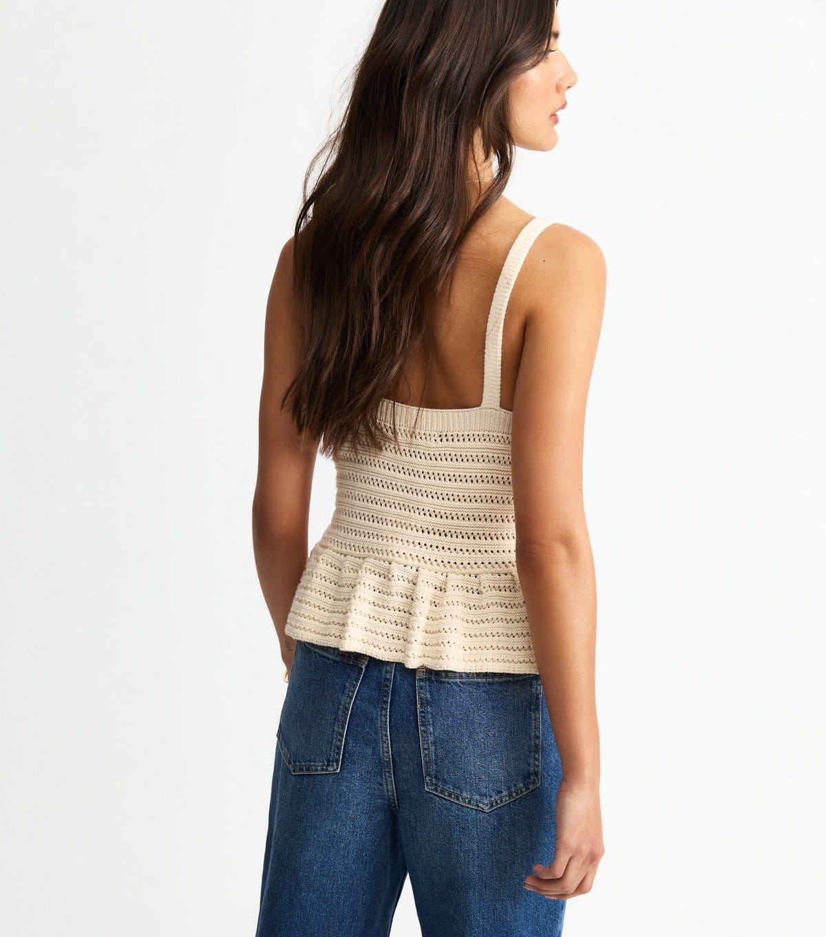 New Look Women's Cream Open Knit V-Neck Peplum Vest New Look - 4