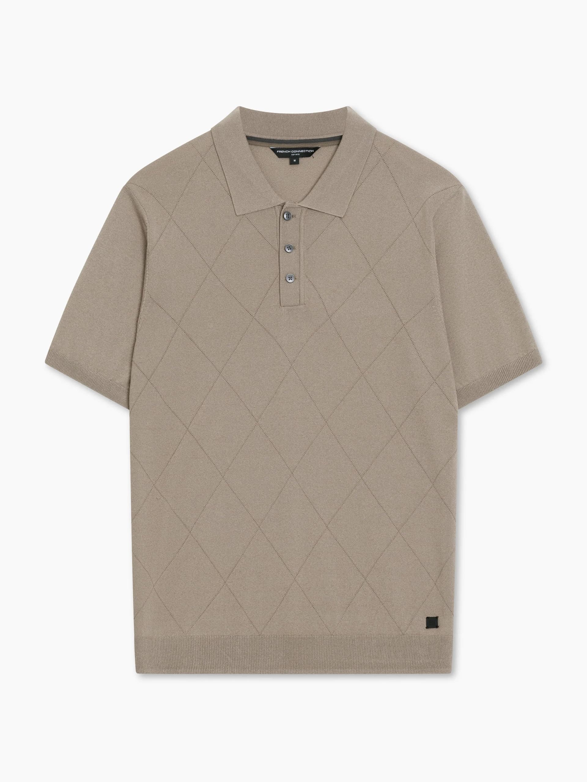 French Connection Short Sleeve Light Brown Tonal Argyle Knit Polo Shirt Timber Wolf Brown