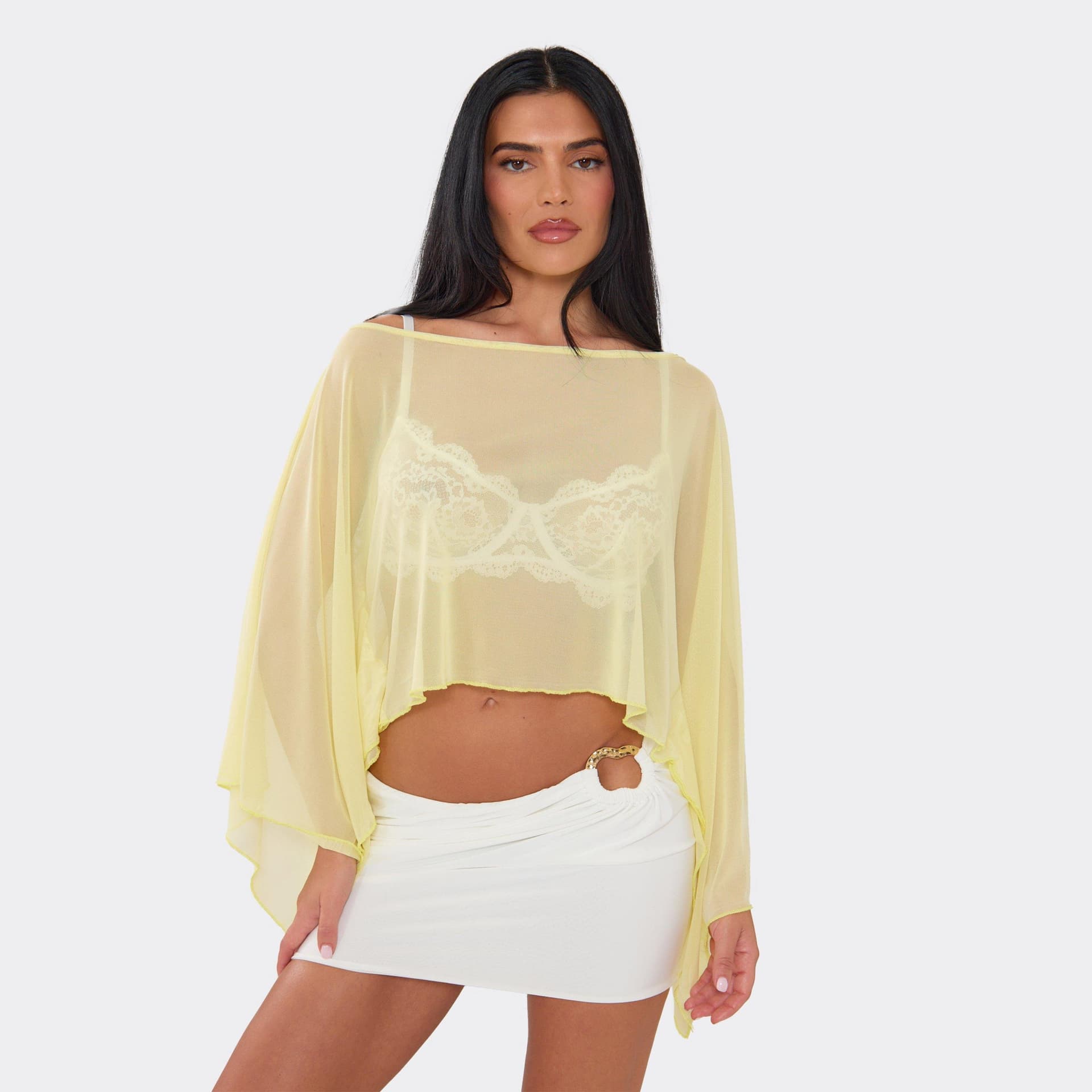 EGO Off The Shoulder Top In Lemon Mesh, Women's Size UK 6