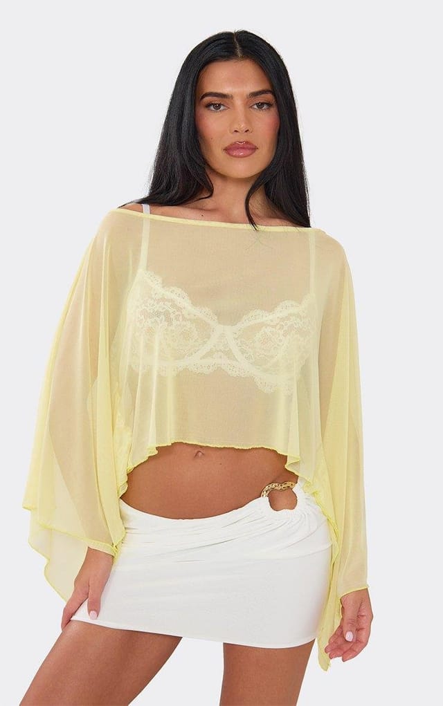 EGO Off The Shoulder Top In Lemon Mesh, Women's Size UK 6 - 2