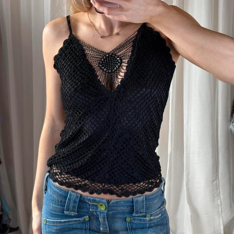 New Look Y2k black crochet knit top beaded embellished