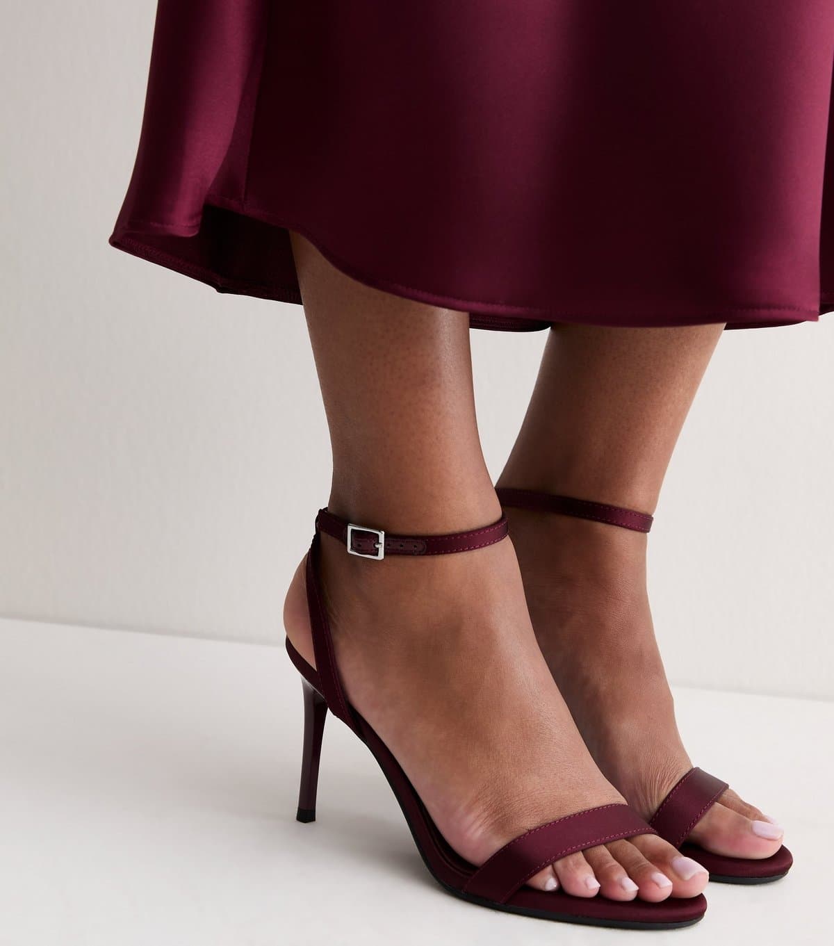 New Look Women's Dark Burgundy Satin Strappy Stiletto Sandals Vegan New Look