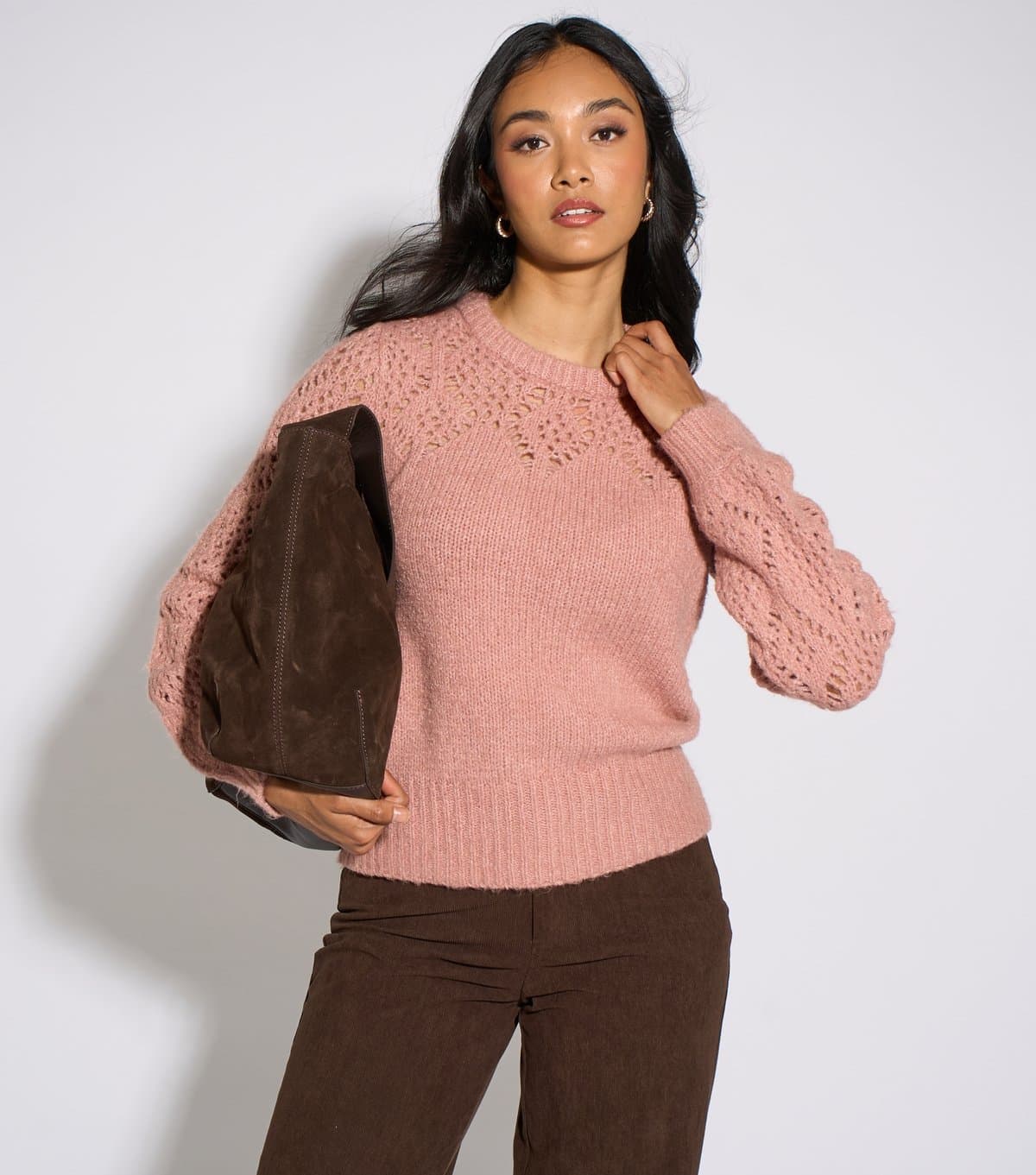Gini London Women's Light Pink Crochet Yoke Knitted Jumper Gini London New Look