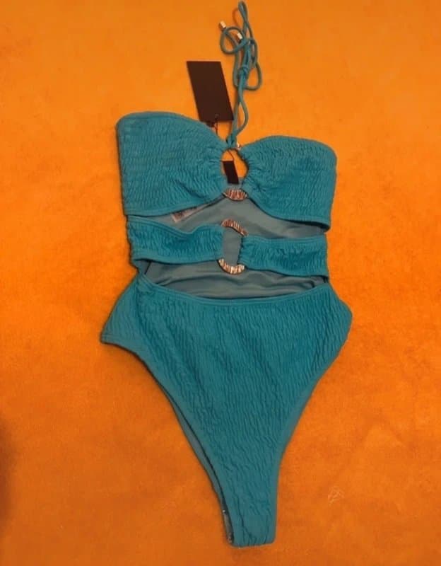 South Beach South Beach crinkle ring front cut out halter swimsuit in blue