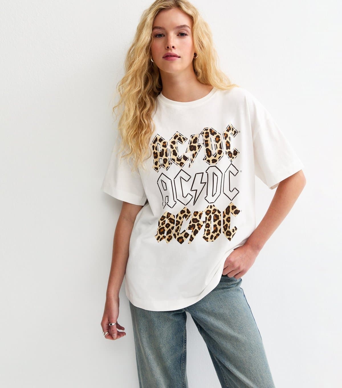 New Look Women's White ACDC Leopard Print Oversized T-Shirt New Look